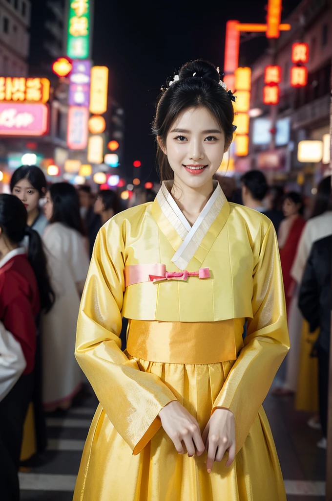 (((best quality))),(((ultra detailed))),(((masterpiece))),illustration,1girl,bun hair,see through gauze hanbok,collar,slim,flat chest,laughing, summer night,Korean city scape, street, neon signs, beautiful, vibrant, detailed facial features,medium hair, elegance, cultural atmosphere, bustling city,tall buildings full of colorful advertisements, reflections, lively atmosphere, street food aroma,full body