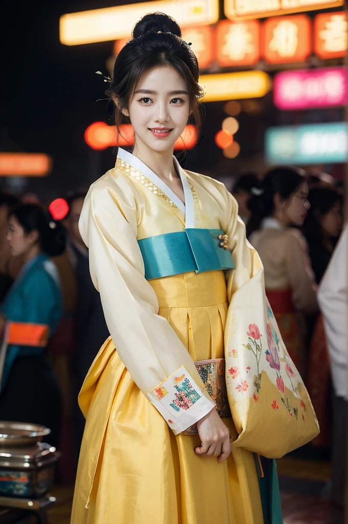 (((best quality))),(((ultra detailed))),(((masterpiece))),illustration,1girl,bun hair,see through gauze hanbok,collar,slim,flat chest,laughing, summer night,Korean city scape, street, neon signs, beautiful, vibrant, detailed facial features,medium hair, elegance, cultural atmosphere, bustling city,tall buildings full of colorful advertisements, reflections, lively atmosphere, street food aroma,full body
