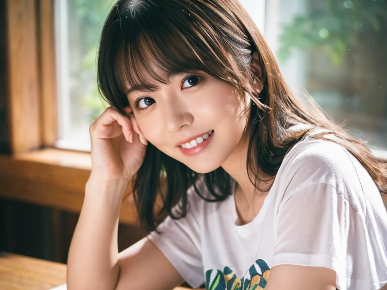 Tabletop, Highest quality, figure, Super detailed, In detail, High resolution, 8k wallpaper, Perfect dynamic composition, Beautiful attention to detail, Short-sleeved T-shirt,Medium Hair,Small breasts Natural color Lips, Bold sexy pose,smile,Harajuku、20-year-old girl、cute、sexy shot looking at camera,Narrow Face,Perfect beautiful face and fingers