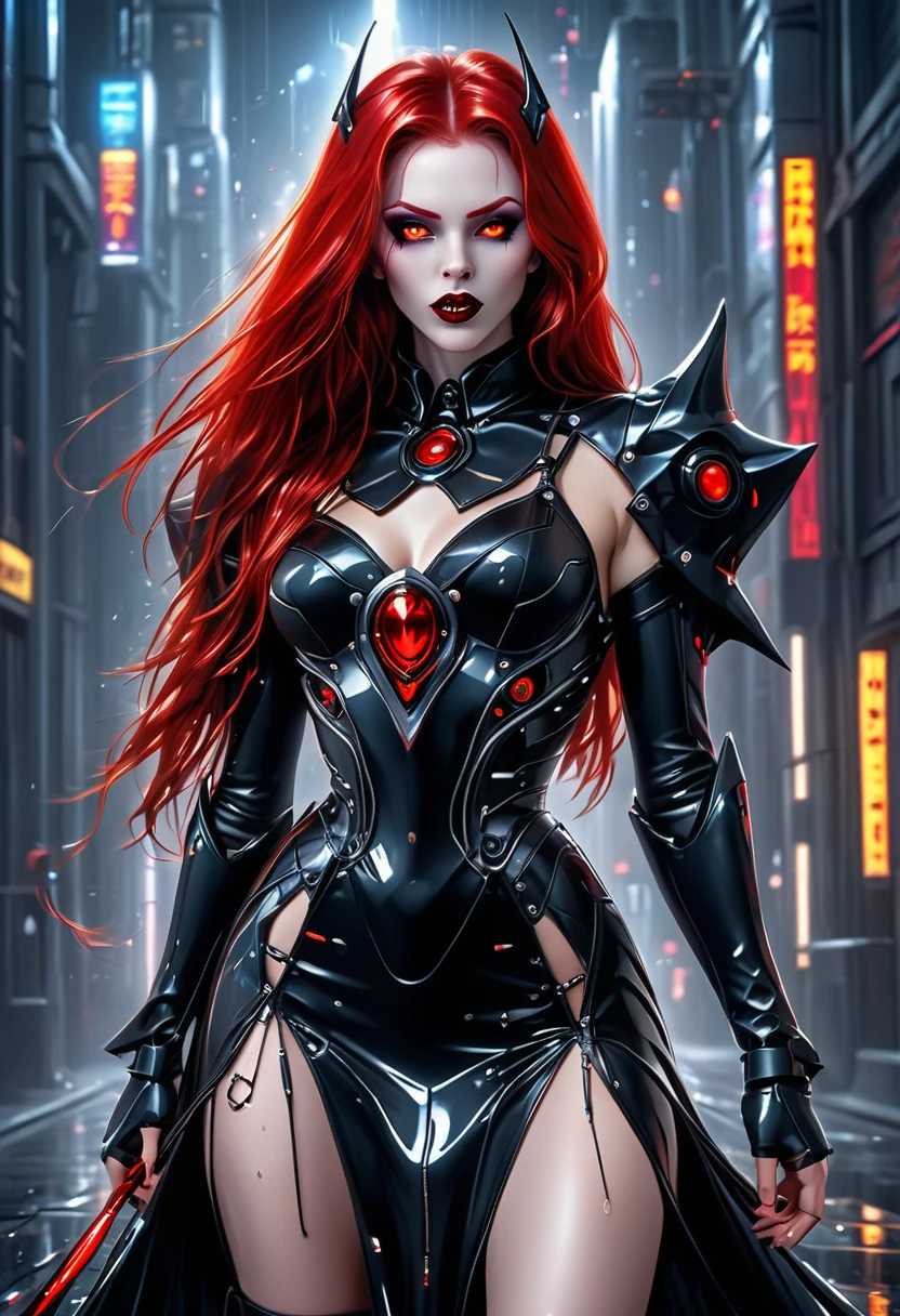 ((a photorealistic glamour shot of an exquisite, glamour mecha female vampire: 1.5)), ((full body: 1.3)), ultra feminine, pale face, red hair, long vibrant shiny hair, glamorous hair,  red eyes, miniatures mechanical , deep penetrating eyes, red lips, lustful lips, ((two visible vampiric fangs: 1.5), drops of blood dripping from the mouth, ((cyberpunk style: 1.5)), she wears (black elegant liquid, glamour dress, with small delicate mechanical parts: 1.4), digital parts,  intricate details, the dress is studded with diamonds, tight suit, dynamic color, high heels, cyberpunk street at night background, (highest quality:1.2, Very detailed, up to date, Vibrant, Ultra-high resolution, High Contrast, masterpiece:1.2, highest quality, Best aesthetics), best details, best quality, highres, ultra wide angle, 16k, [ultra detailed], masterpiece, best quality, (extremely detailed), Genetically modified..., Cinematic Hollywood Film, nijimecha, liquid dress, aetherpunkai