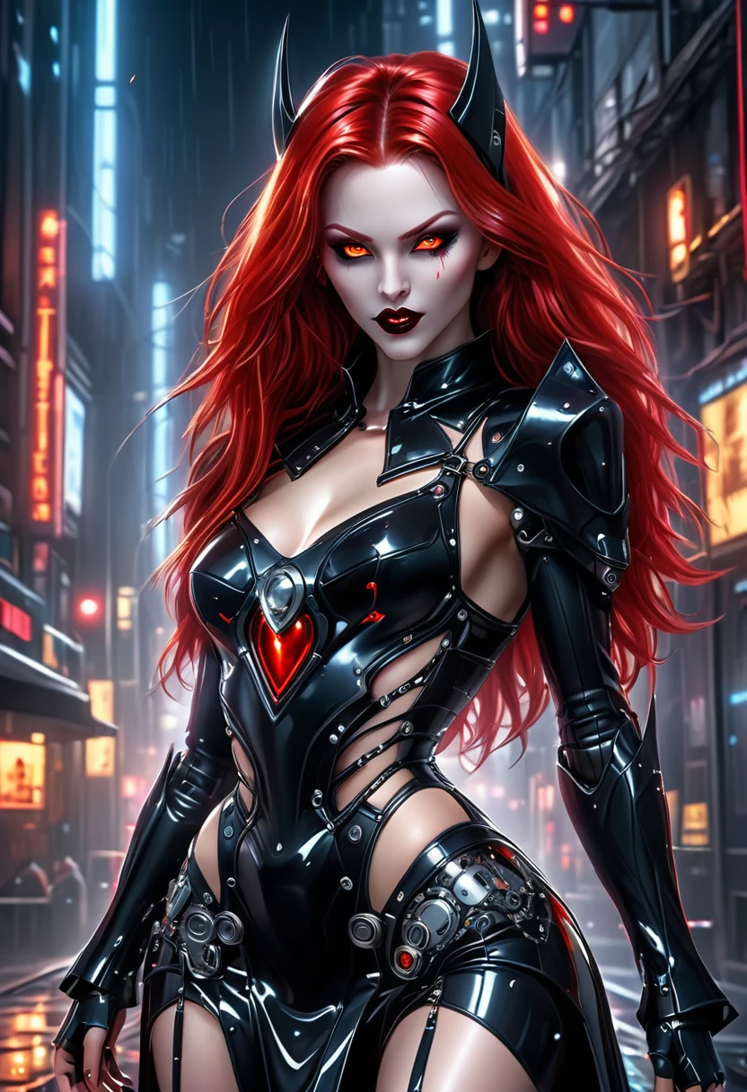 ((a photorealistic glamour shot of an exquisite, glamour mecha female vampire: 1.5)), ((full body: 1.3)), ultra feminine, pale face, red hair, long vibrant shiny hair, glamorous hair,  red eyes, miniatures mechanical , deep penetrating eyes, red lips, lustful lips, ((two visible vampiric fangs: 1.5), drops of blood dripping from the mouth, ((cyberpunk style: 1.5)), she wears (black elegant liquid, glamour dress, with small delicate mechanical parts: 1.4), digital parts,  intricate details, the dress is studded with diamonds, tight suit, dynamic color, high heels, cyberpunk street at night background, (highest quality:1.2, Very detailed, up to date, Vibrant, Ultra-high resolution, High Contrast, masterpiece:1.2, highest quality, Best aesthetics), best details, best quality, highres, ultra wide angle, 16k, [ultra detailed], masterpiece, best quality, (extremely detailed), Genetically modified..., Cinematic Hollywood Film, nijimecha, liquid dress, aetherpunkai