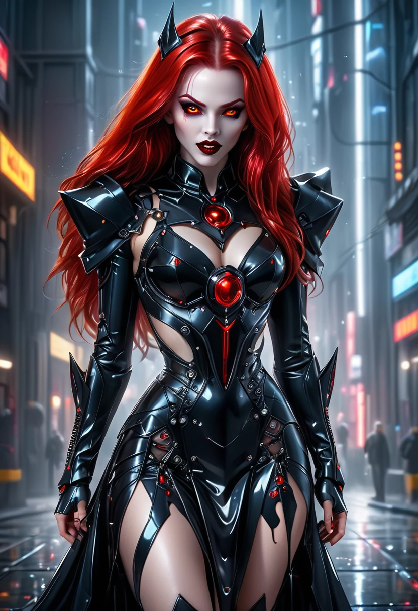 ((a photorealistic glamour shot of an exquisite, glamour mecha female vampire: 1.5)), ((full body: 1.3)), ultra feminine, pale face, red hair, long vibrant shiny hair, glamorous hair,  red eyes, miniatures mechanical , deep penetrating eyes, red lips, lustful lips, ((two visible vampiric fangs: 1.5), drops of blood dripping from the mouth, ((cyberpunk style: 1.5)), she wears (black elegant liquid, glamour dress, with small delicate mechanical parts: 1.4), digital parts,  intricate details, the dress is studded with diamonds, tight suit, dynamic color, high heels, cyberpunk street at night background, (highest quality:1.2, Very detailed, up to date, Vibrant, Ultra-high resolution, High Contrast, masterpiece:1.2, highest quality, Best aesthetics), best details, best quality, highres, ultra wide angle, 16k, [ultra detailed], masterpiece, best quality, (extremely detailed), Genetically modified..., Cinematic Hollywood Film, nijimecha, liquid dress, aetherpunkai