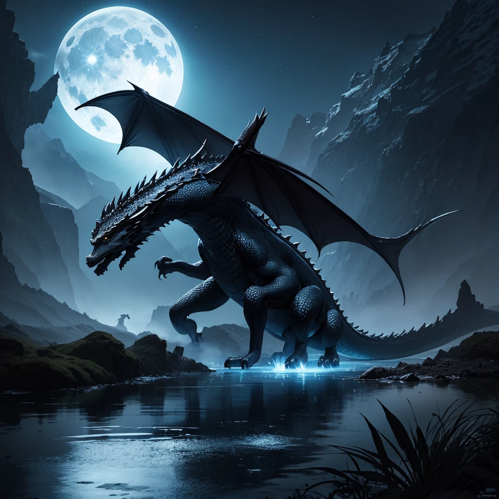 dragon sword, lake, dark fantasy, moon