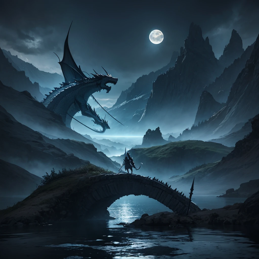 dragon sword, lake, dark fantasy, moon