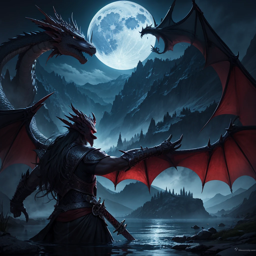 dragon sword, lake, dark fantasy, moon