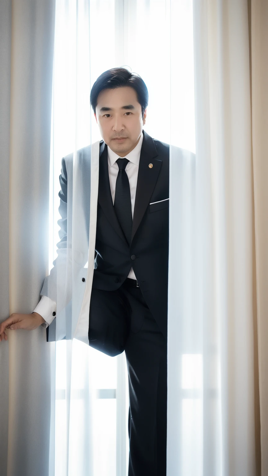 40-year-old male， Soft headlight，High-density imaging，（Thin face），((Black suit))，((Various dynamic poses))，((White curtains in the background))，best quality，masterpiece，（Soft colors：1.2）