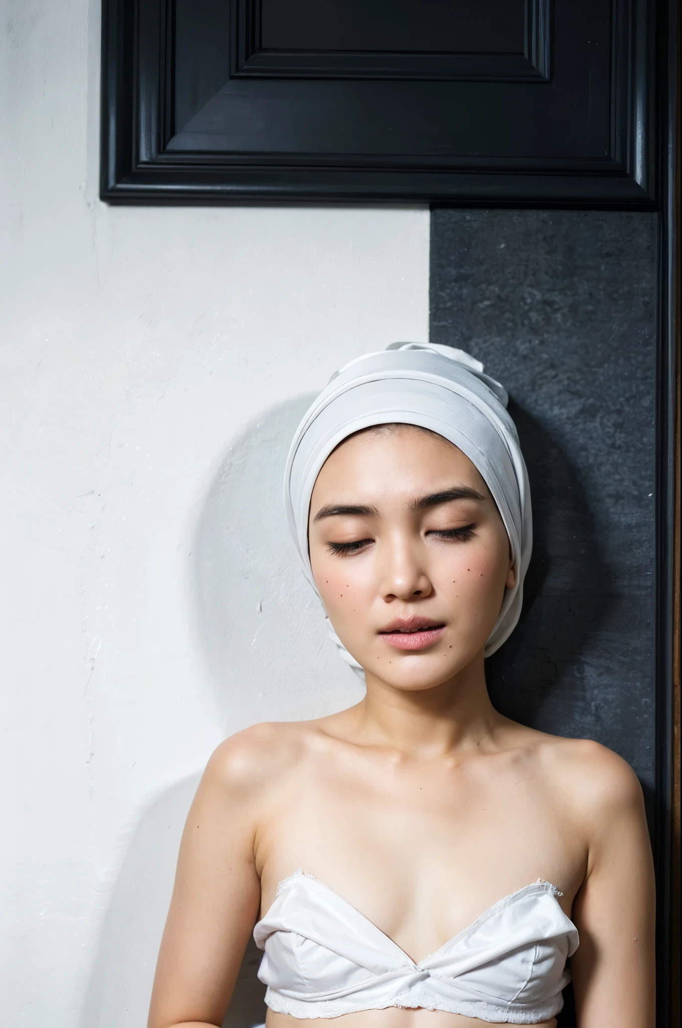 ((SATIN)), ((STRADDLING)), ((HIJAB SATIN STYLISH)), ((Big Tits:0.6)), ((Flat Chest:1.6)), ((Closed Eyes)), ((Strapless White bra Flat Chest)), Naked, Angry pose, Angry face, (((HIJAB MALAY GIRL))), masutepiece, High quality, UHD 45K, Realistic face, Realistic skin feeling , A Japanese Lady, , , Very cute and baby-like face, (((FLAT CHEST))), (MATRIX WORLD), ((look In front at the camera and SADNESS)), (((CUTE GIRL))), ((WHITE LIPS))