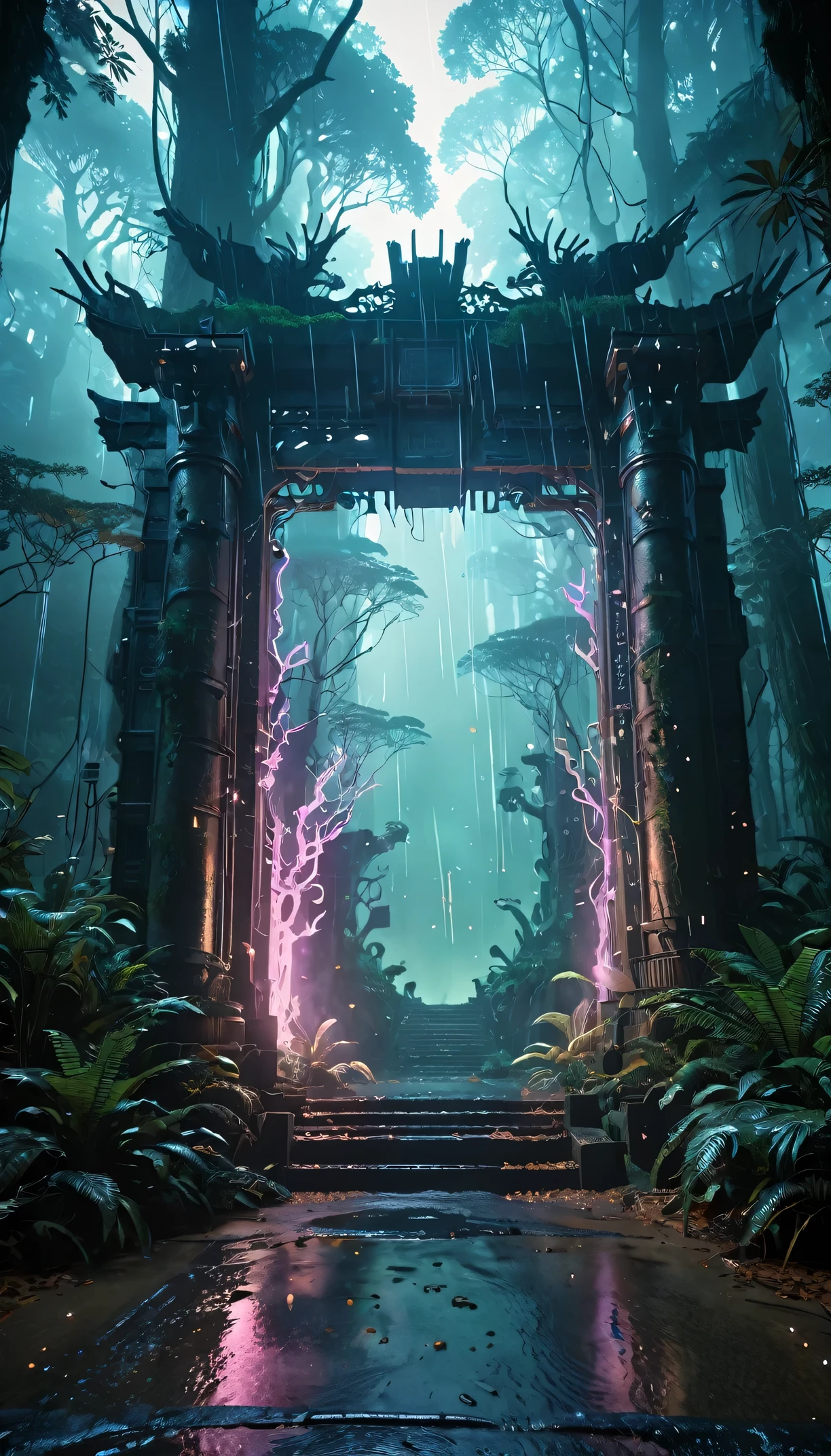 (digital art:1.3) of (Sketched:1.1) octane render of a mysterious dense forest with a large (Magic:1.2) Gate (portal:1.3) To the eternal kingdom, Blade runner, complicated (Grapevine:1.2), Liquid Metal of Giant Tree, Realistic digital painting of portrait, Filmed in 8K resolution, gasoline liquid, pastel colour, Splash Art, 青と紫ofMagic宇宙, light engrave in complicated details, (Light Particles:1.2), (Game of Concept:1.3), (depth of field:1.3), Global Illumination,Very detailed,Trending on Art Station