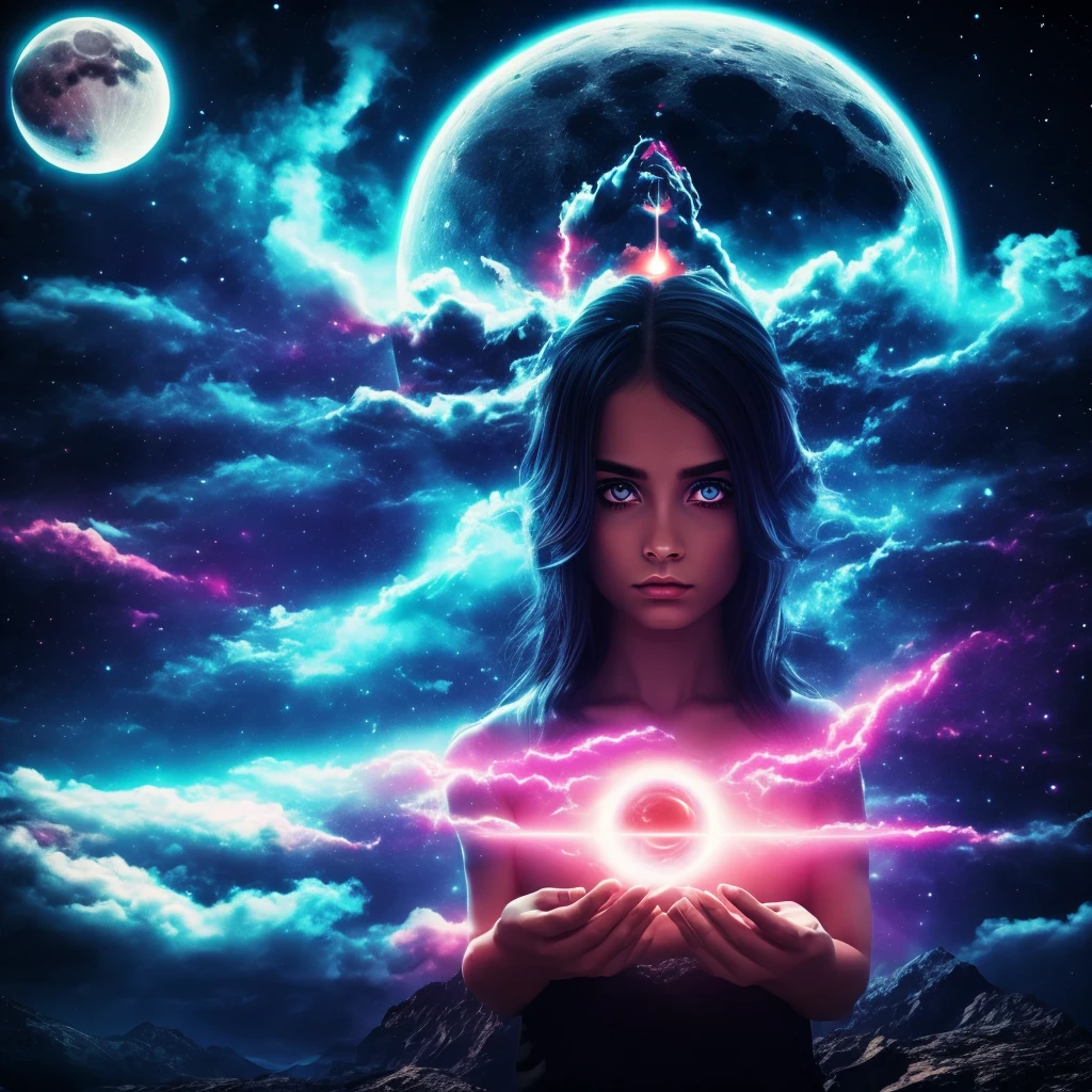 create a surreal image with the elements: eyes, pupil, nebula, night, moon, hands, crossroads