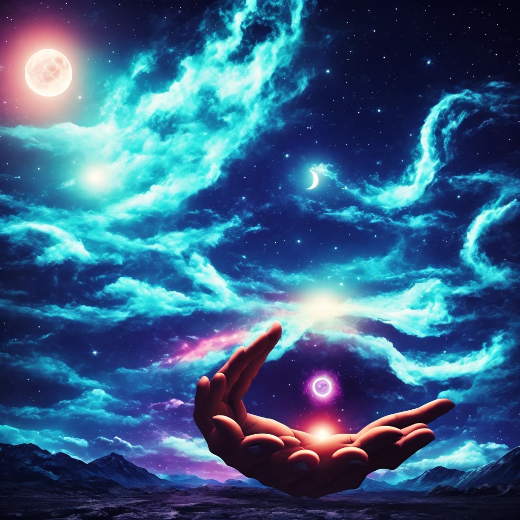 create a surreal image with the elements: eyes, pupil, nebula, night, moon, hands, crossroads