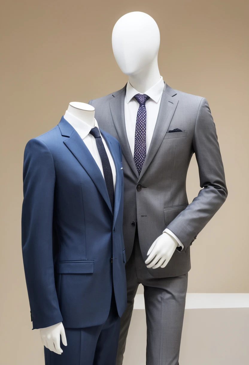 A faceless mannequin posing,Faceless mannequin wearing a suit,A faceless mannequin is holding a tie