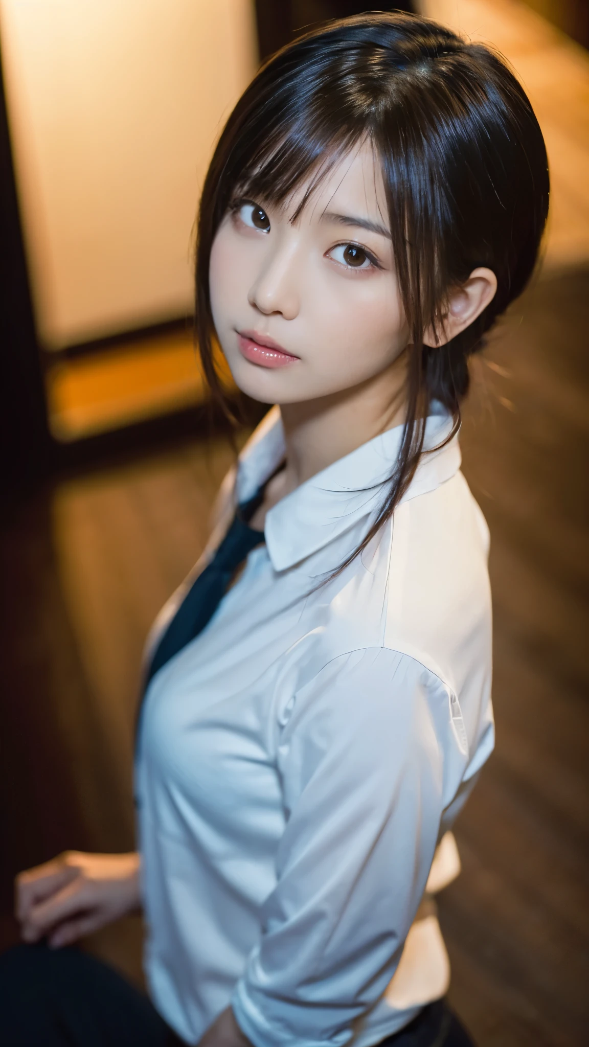 (masterpiece:1.2),(Highest quality),(Very detailed),(High resolution),(Photorealistic Stick),(RAW Photos:1.2),8K,Shooting indoors,Cinema Lighting,a close up of a woman with a white shirt on posing for a picture,Soft portrait shots,Beautiful Japanese Women,Gorgeous face portrait,Eye light,Sharp pupils,Very beautiful face,Beautiful portrait,A lovely and delicate face,Beautiful young Japanese woman,Random hairstyle,Look this way,(Depth of written boundary),(Cinema Lighting),(front),((From above)),(POV shot)