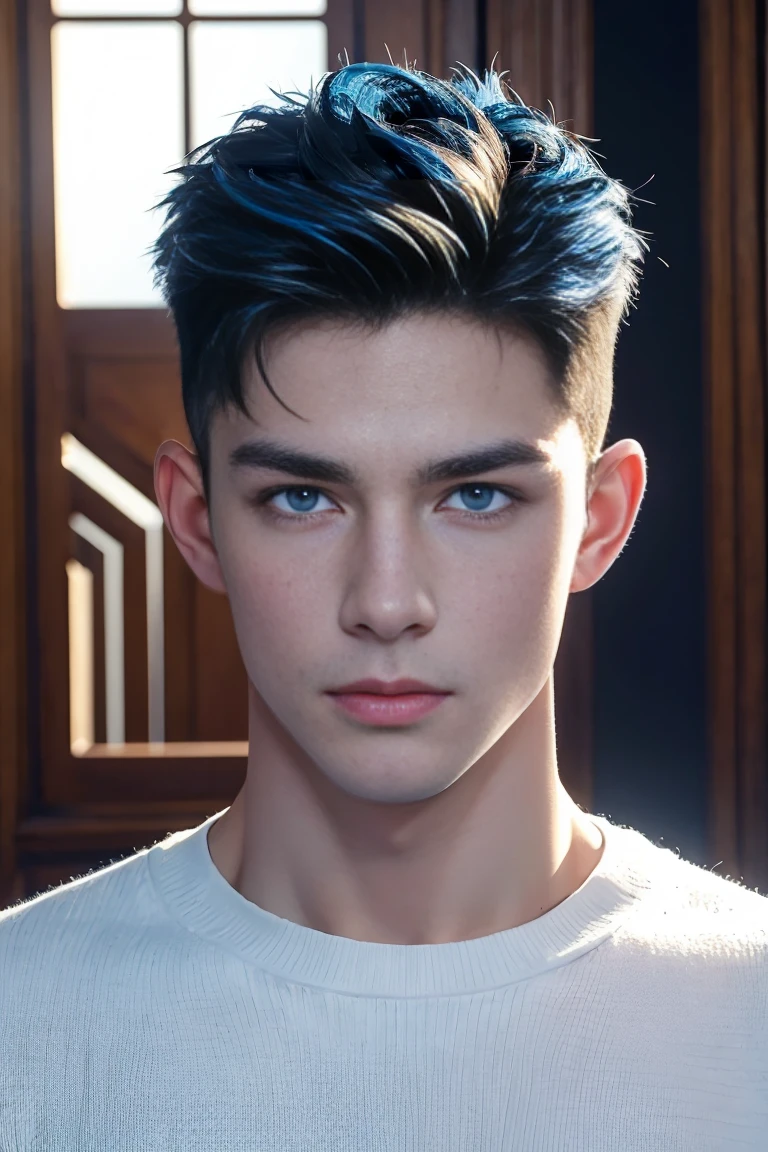 Ultra wide angle,((masterpiece)),((best quality)),8K,High Detail,Very detailed, (2 handsome muscular boys),Very manly,blue eyes,Stylish short hair,Vivid male image, Fashion pose, masculine expression,Real skin texture, Perfect hand details,Light,
Royal blue style couple,White male model photos
