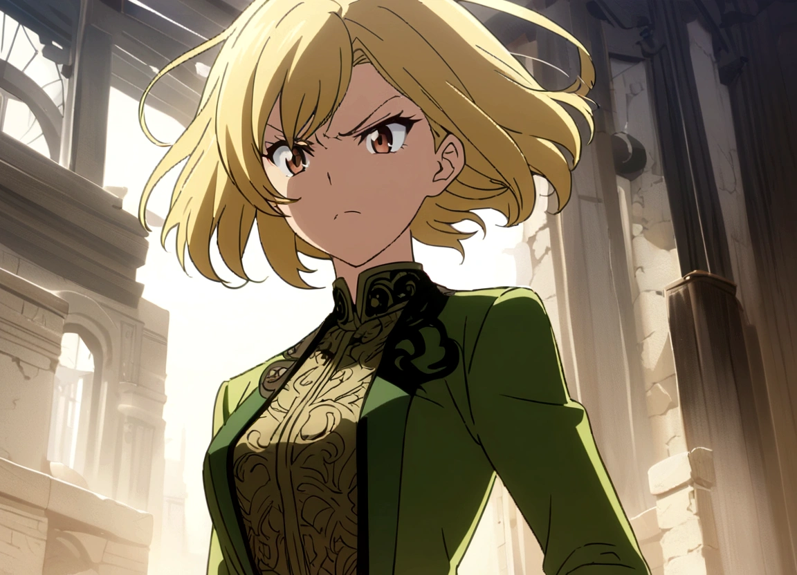 female Green clothes Short Hair Blonde Get angry anime
