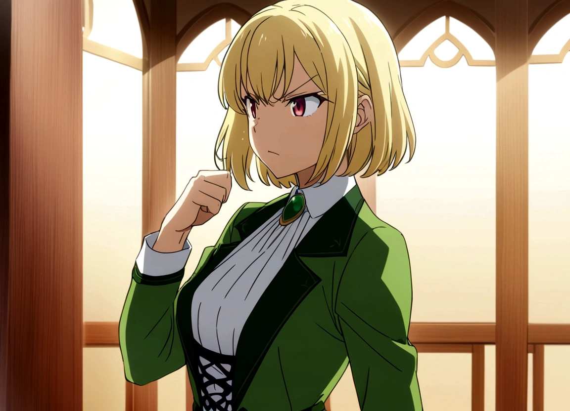 female Green clothes Short Hair Blonde Get angry anime