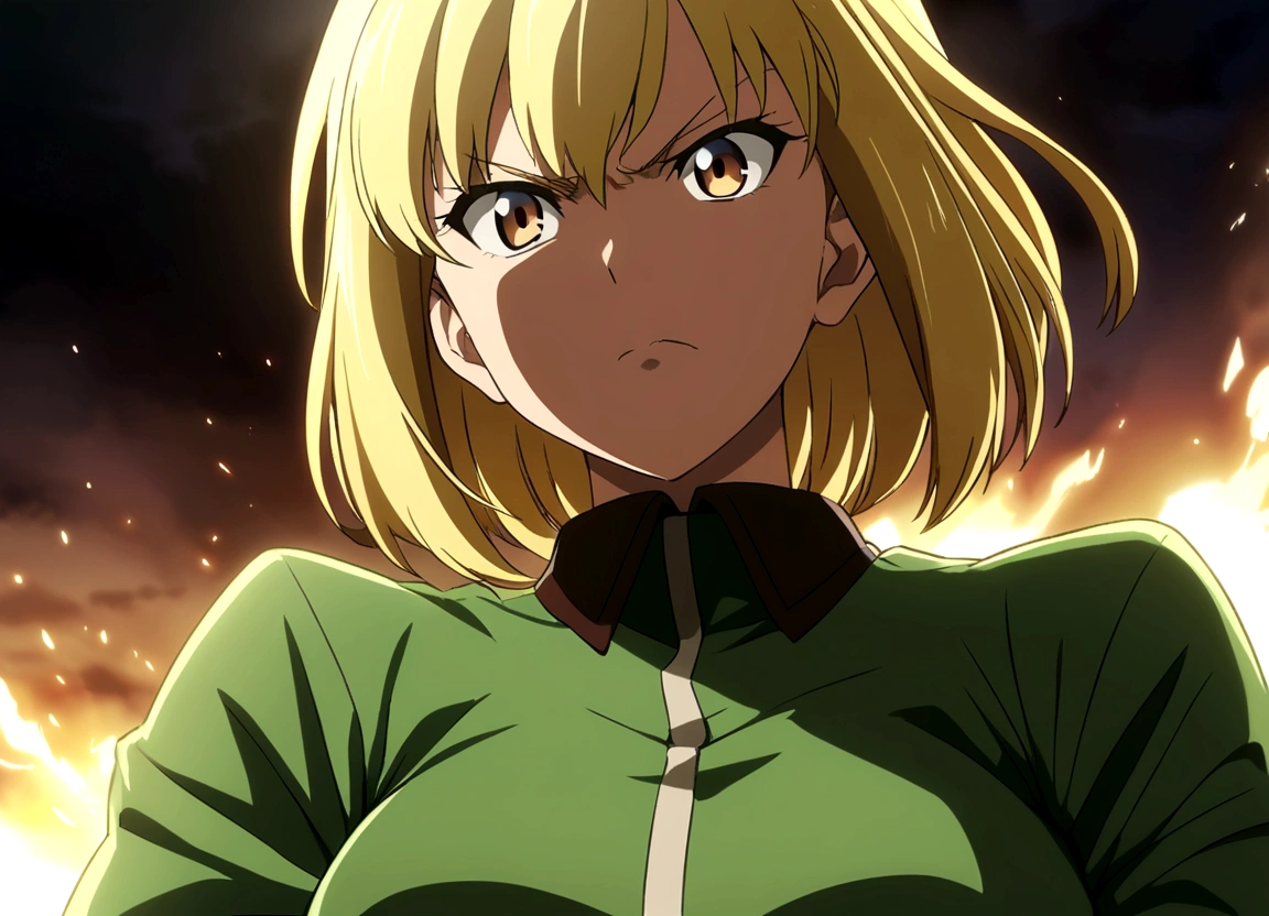 female　Green clothes　Short Hair　Blonde　Get angry　anime