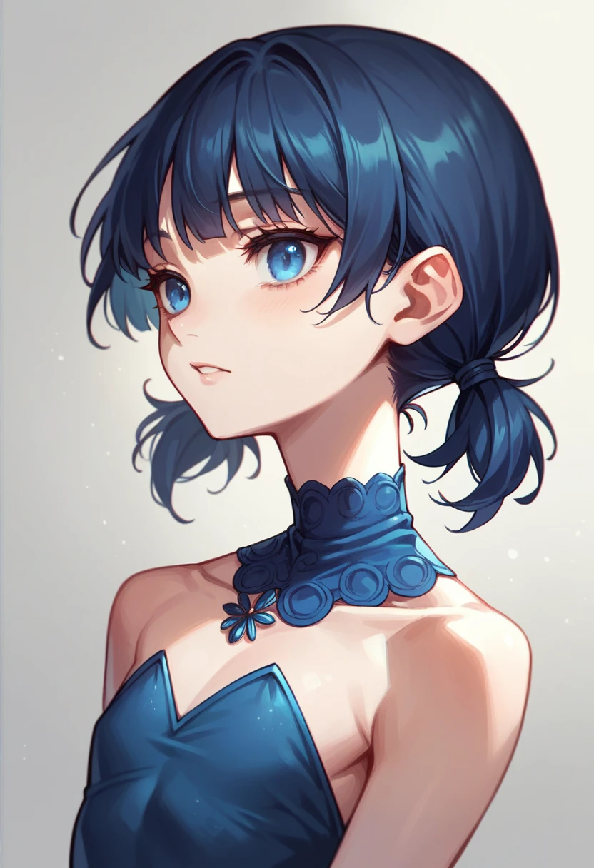 masterpiece, best quality, intricate details, perfect lighting, simple eyes, low-detail eyes, short twintails, dark blue hair, blue eyes, m4ri woman, wearing a ball gown, bare shoulders, flat chest, upper body,