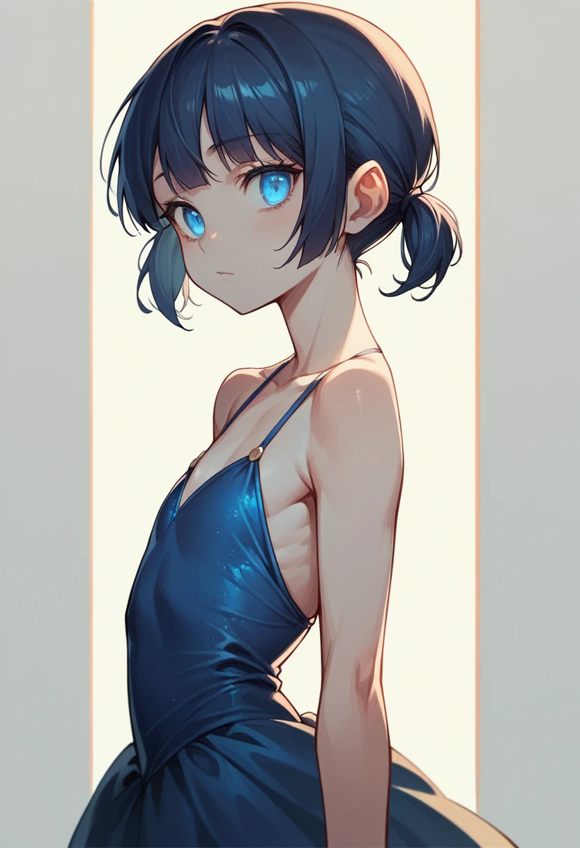 masterpiece, best quality, intricate details, perfect lighting, simple eyes, low-detail eyes, short twintails, dark blue hair, blue eyes, m4ri woman, wearing a ball gown, bare shoulders, flat chest, upper body, 