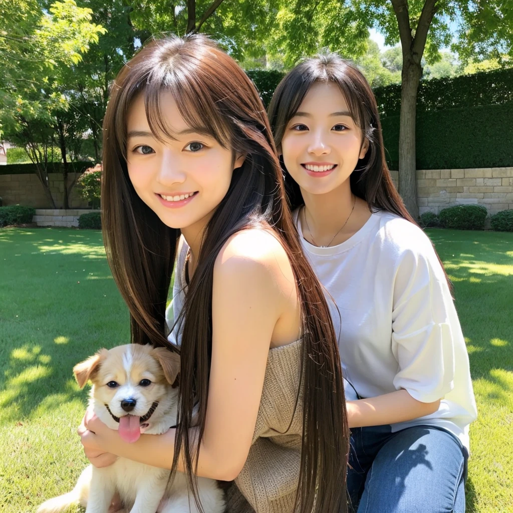 Please create an image of a beautiful Japanese woman around 25 years old.。Women have long hair、With a kind smile、Holding a cute puppy。In the background、There is a large lawn for a dog run.。Make the scenery resemble a sunny day。Although the woman has a slightly more mature appearance,、Make sure you maintain a warm and friendly expression。The lighting and colors are soft and natural.、Her youth々Accentuate your beauty and maturity。