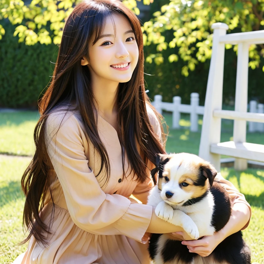 Please create an image of a beautiful Japanese woman around 25 years old.。Women have long hair、With a kind smile、Holding a cute puppy。In the background、There is a large lawn for a dog run.。Make the scenery resemble a sunny day。Although the woman has a slightly more mature appearance,、Make sure you maintain a warm and friendly expression。The lighting and colors are soft and natural.、Her youth々Accentuate your beauty and maturity。