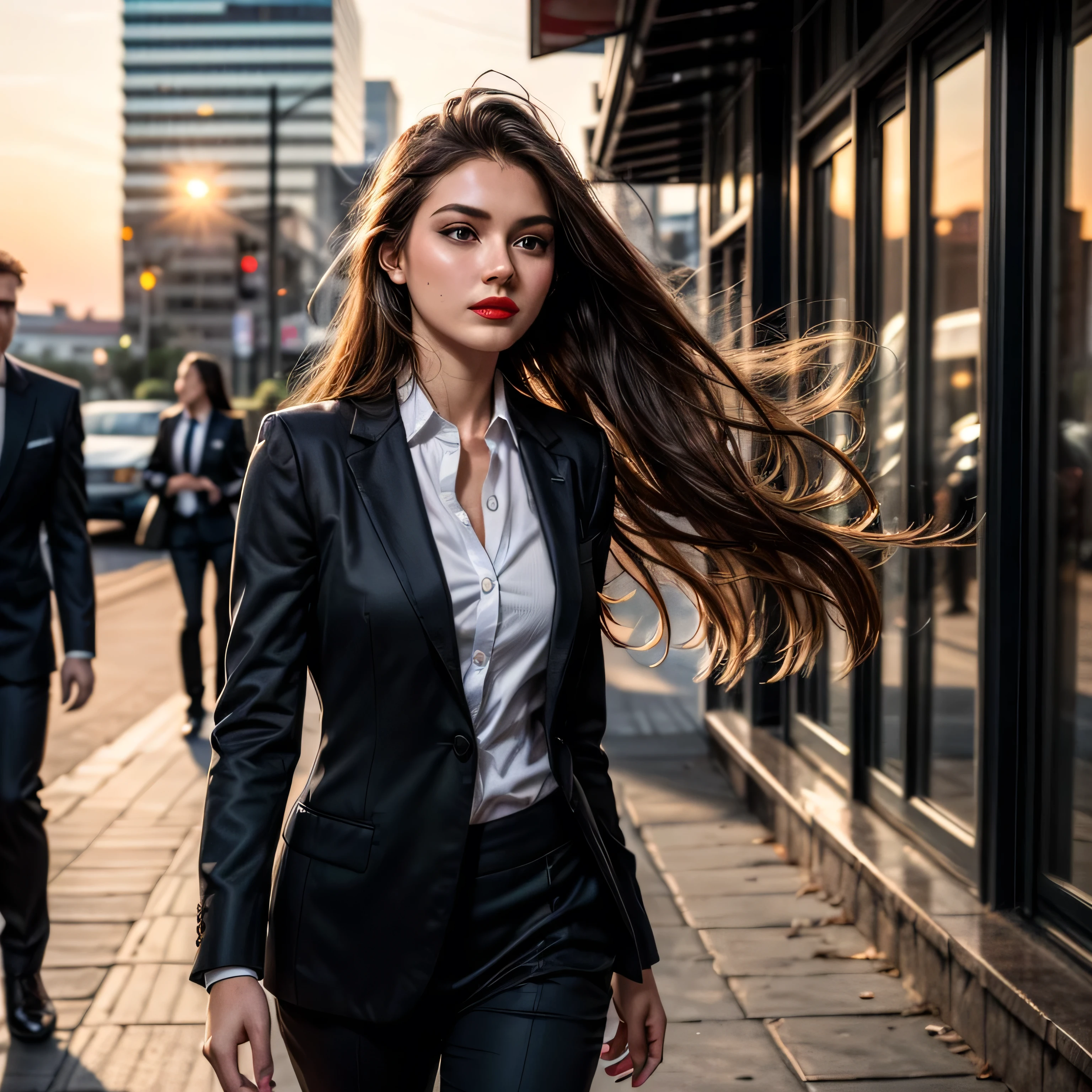 (masterpiece, photorealistic:1.4, extremely intricate:1.3, radiosity, photon mapping, dtx), ((nineteen female, age supermodel, ((business suit, black suit coat, white men's business shirt, stepping to the side, serious, looking away, 19 years old, humid, bright red lips)), long eyelashes, makeup:1.3)), ((([skin detail:freckles:0.9]))), outdoor, park, faraway city, professional photograph girl, (long straight hair [blonde hair:dark hair:0.1], wind), BREAK ((sunset), bokeh, blurry background)
