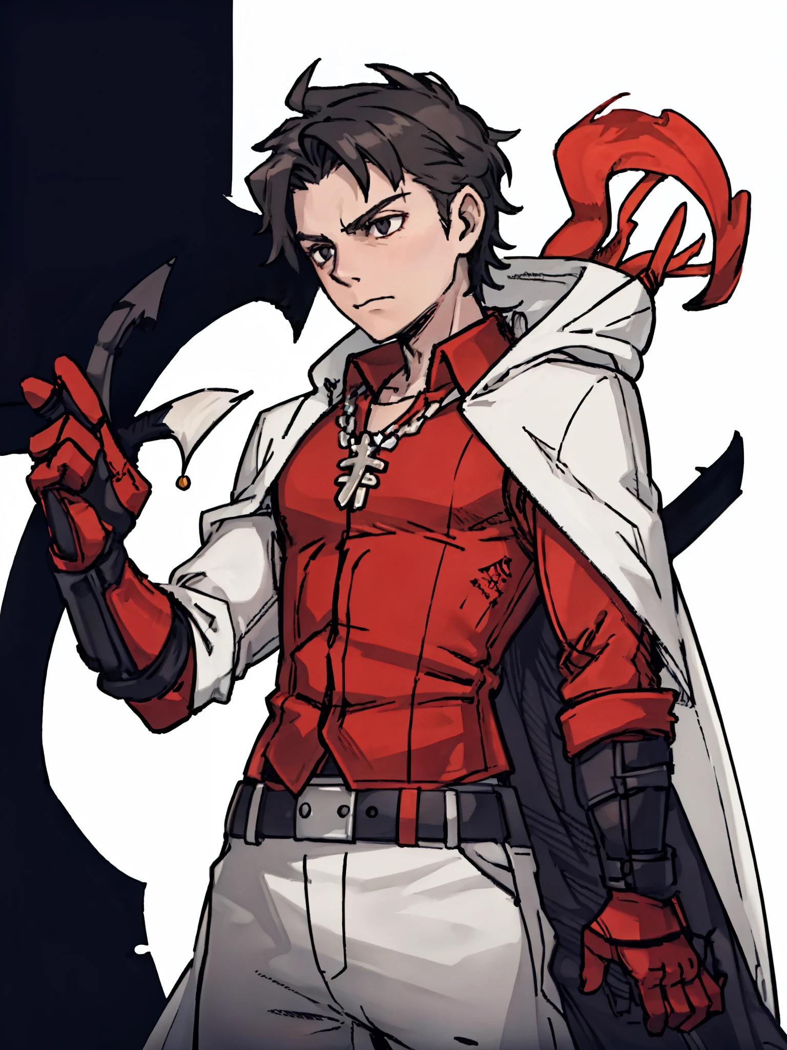 A male warrior,front,((Half Body),(Black short hair,Archer)),Red Cape,Solid color background,White background