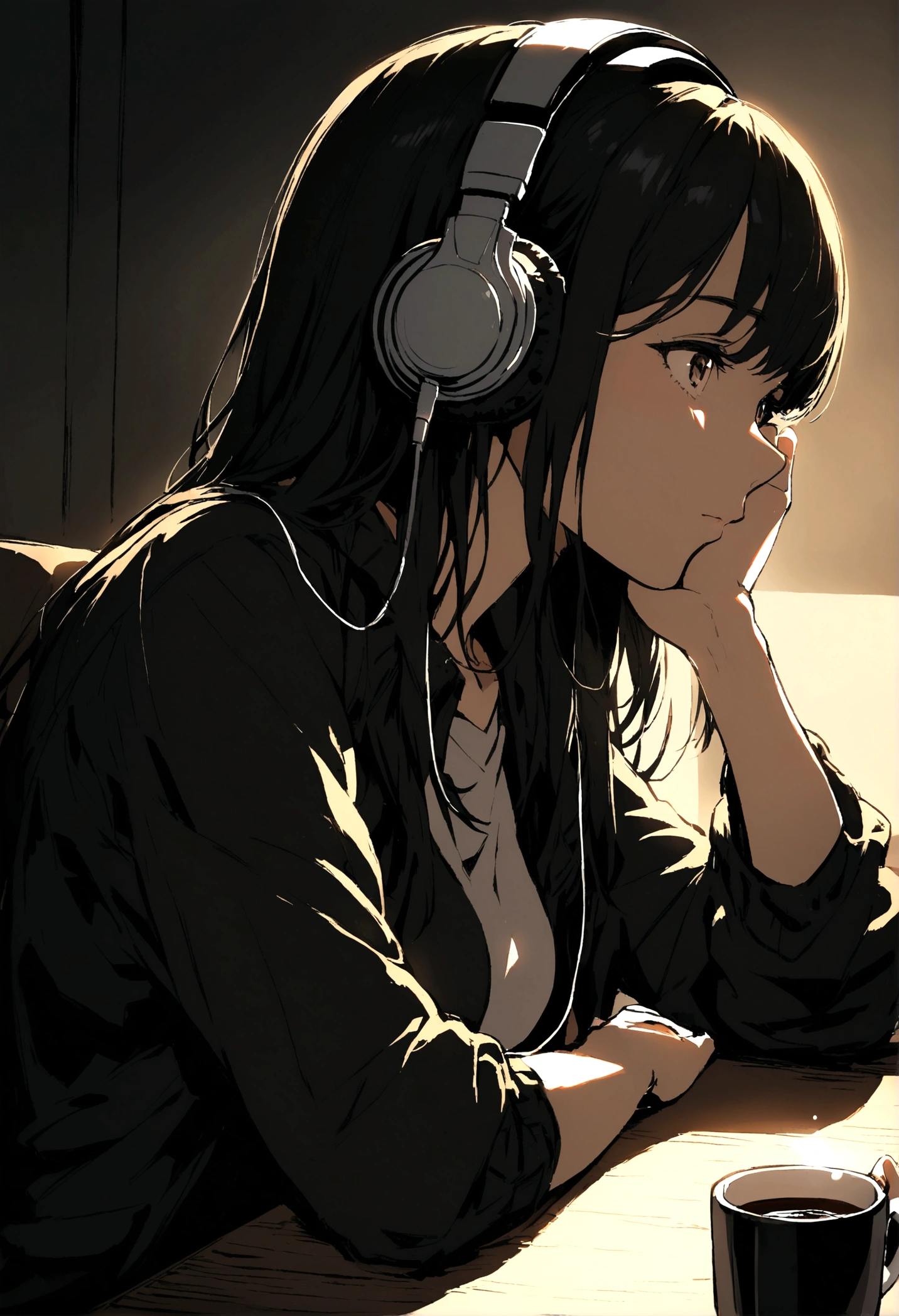 Girl sitting listening to music and with a cup of coffee next to her 