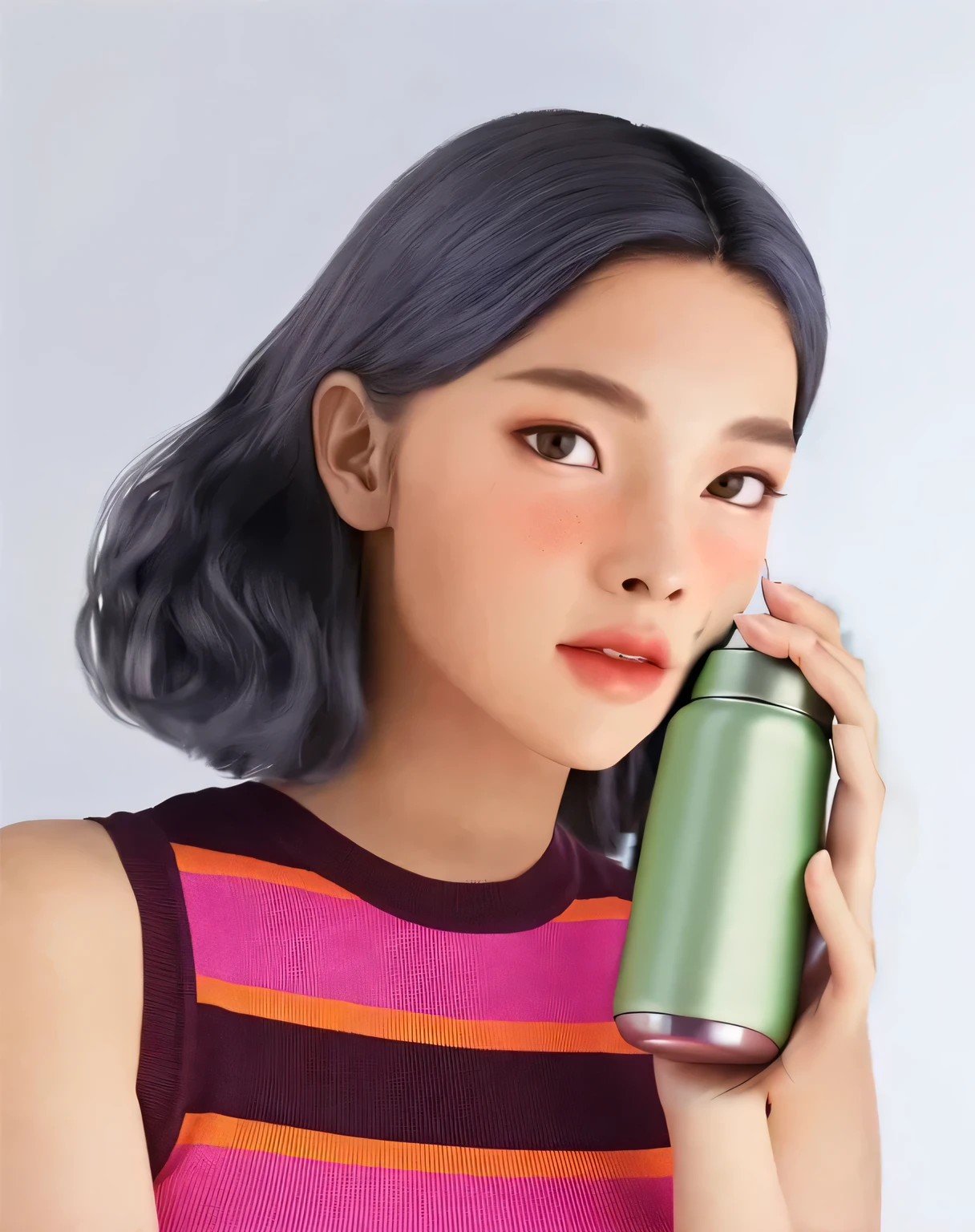 One hand holding a complete thermos flask，There is no brand logo or pattern on the thermos bottle，Only light green exterior design，The size is about 500ml capacity