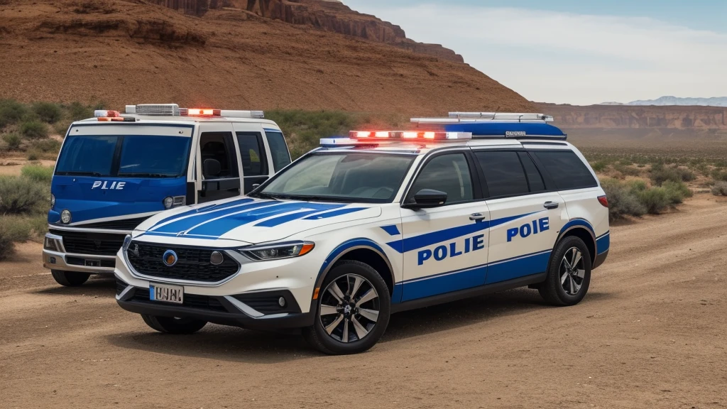 A police car in the middle of a desert with a waterfall behind. The police car has the text Babi Police 2024"