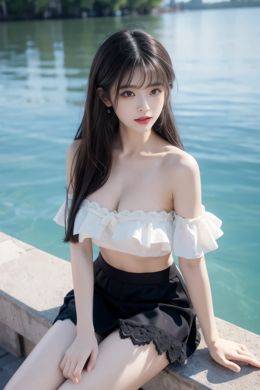 fuxuan, ((Large Breasts)), ((D cup)), Visible cleavage，Highly detailed face and skin texture，((Bare shoulder)), Double eyelids，Skin Whitening，Long hair，Whitening long legs，Standing by the sea, Fashion Girl, Red lips, Sweet Girl, Beautiful makeup, detail, lifelike, Very detailed, Astonishing, beautiful, Young and energetic, high quality，HD, Colorful， Beautifully, Smooth skin, The skirt is very short, Official Art, Extremely detailed, Movie atmosphere, Soft colors, Natural skin texture, Random scene, random shooting Angle, Black over-the-knee socks, lace hem