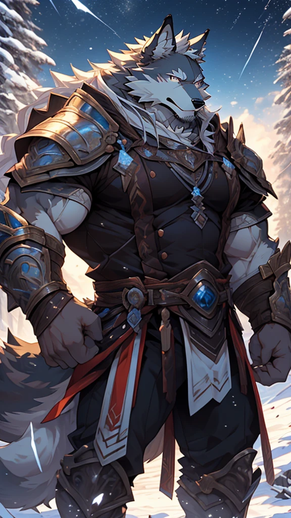 battle，fight，white armor，long blue sword in his hand，elder，gentle and soft，ice magic power，long white beard，long braided hair，solo, kemono, (old grey wolf), anthro (old wolf), anthro, male, anthro male (old wolf), anthro (old wolf), tail,muscles, handsome, general, loose cloth ,bulge, big abs, northern area,cloudy sky，wind and snowstorm,perfect lighting, (light particles),(best quality),(masterpiece),(ultra detailed),sharp focus, light particles, strong, serious,rippled muscles, ultradetailed face, ultradetailed eyes, looking at viewer, good looking, bareness, ((detailed face)),a lot of scars,the elder，elder face