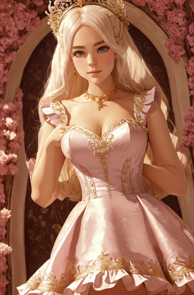 White Blonde hair, fluffy hair, stylish hair, long hair, lilac eyes, perfect eyes, beautiful, perfect face, tween, dainty , short, kind, curvy, a flowing pale airy gown with ruffles along the bottom with tiny pink flowers and gold dragon embroideries with flowers, Her tiara had a pretty teal gemstones, silver necklace, noble class, royal, royalty, red castle, feasting hall, medieval, elegant surroundings, soft dewy makeup look, light peach blush, soft tan eyeshadow, light coral lipstick, cutesy, girlish, girly, guileless, ingénue, princess , whimsical lighting, Targaryen, dragons in the sky, photorealistic