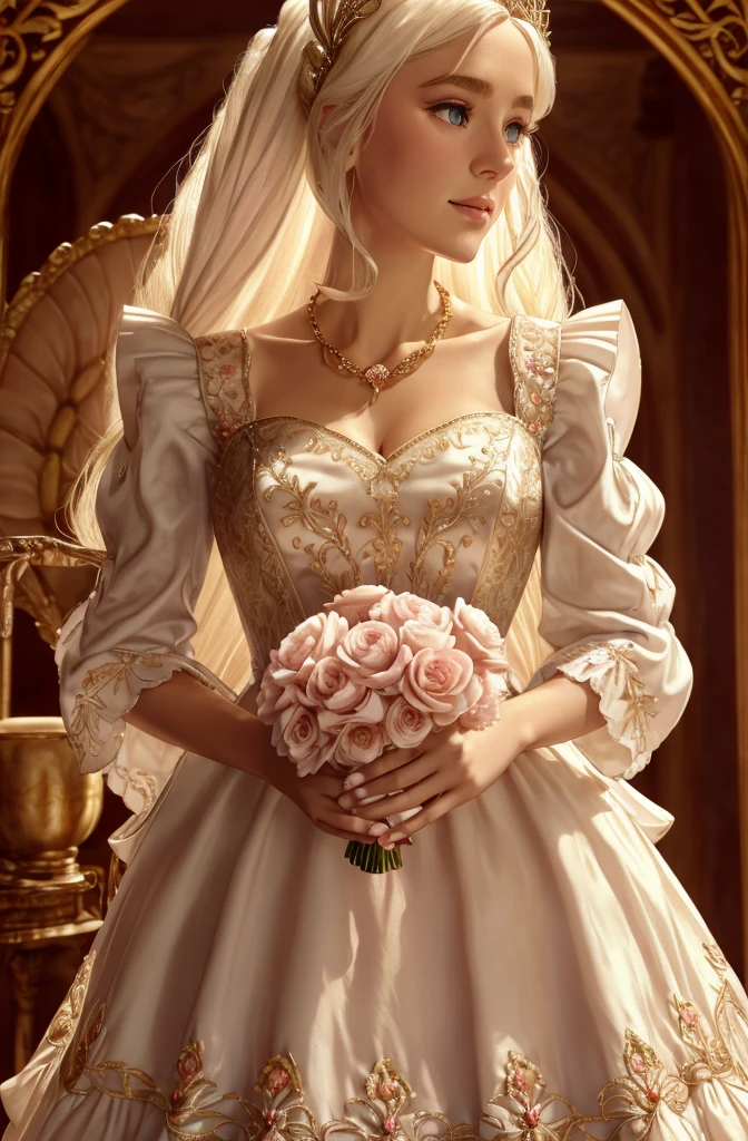 White Blonde hair, fluffy hair, stylish hair, long hair, lilac eyes, perfect eyes, beautiful, perfect face, tween, dainty , short, kind, curvy, a flowing pale airy gown with ruffles along the bottom with tiny pink flowers and gold dragon embroideries with flowers, Her tiara had a pretty teal gemstones, silver necklace, noble class, royal, royalty, red castle, feasting hall, medieval, elegant surroundings, soft dewy makeup look, light peach blush, soft tan eyeshadow, light coral lipstick, cutesy, girlish, girly, guileless, ingénue, princess , whimsical lighting, Targaryen, dragons in the sky, photorealistic
