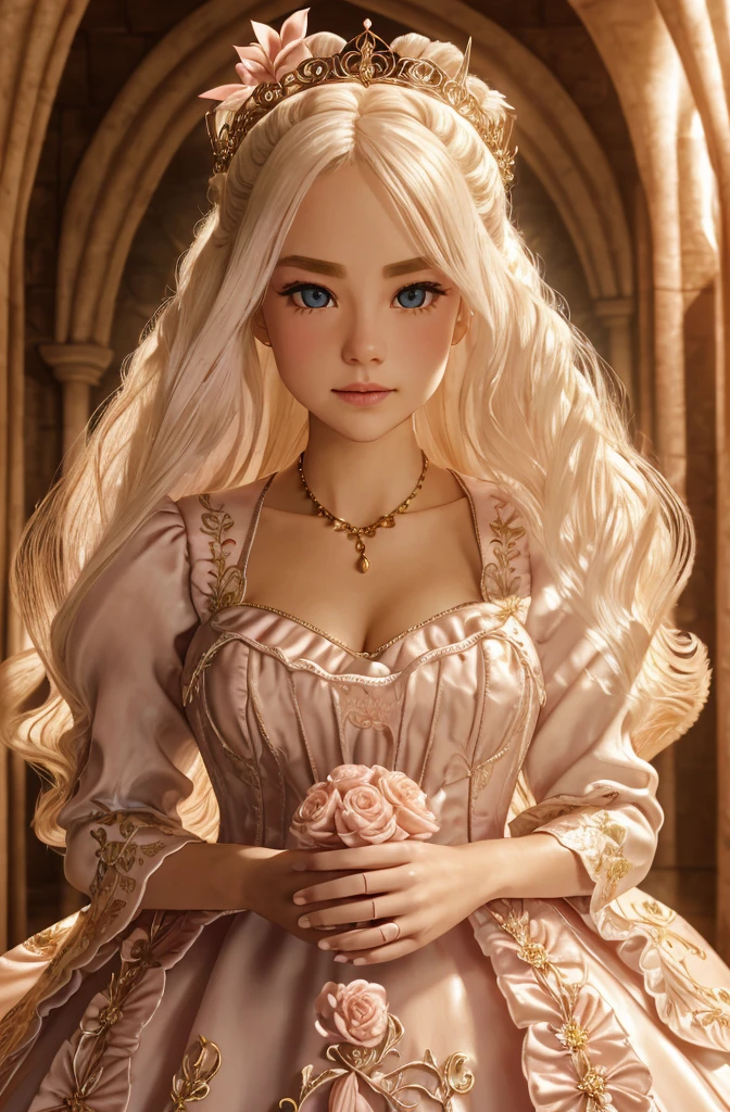 White Blonde hair, fluffy hair, stylish hair, long hair, lilac eyes, perfect eyes, beautiful, perfect face, tween, dainty , short, kind, curvy, a flowing pale airy gown with ruffles along the bottom with tiny pink flowers and gold dragon embroideries with flowers, Her tiara had a pretty teal gemstones, silver necklace, noble class, royal, royalty, red castle, feasting hall, medieval, elegant surroundings, soft dewy makeup look, light peach blush, soft tan eyeshadow, light coral lipstick, cutesy, girlish, girly, guileless, ingénue, princess , whimsical lighting, Targaryen, dragons in the sky, photorealistic