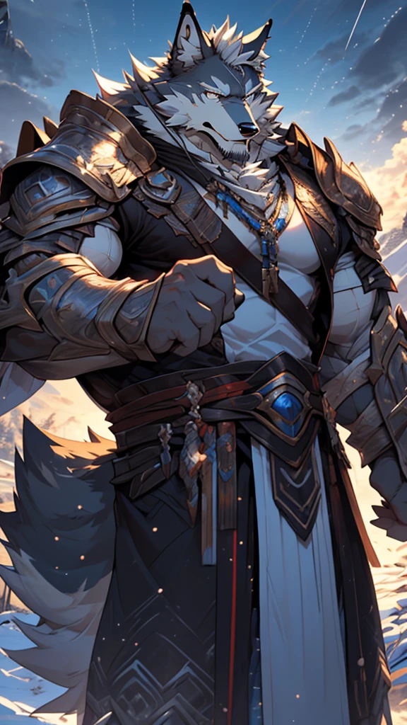 battle,fight,white armor,long blue army knife,elder,gentle and soft,ice magic power,long white beard,long braided hair,solo, kemono, (old grey wolf), anthro (old wolf), anthro, male, anthro male (old wolf), anthro (old wolf), tail,muscles, handsome, general, loose cloth ,bulge, big abs, northern area,cloudy sky,wind and snowstorm,perfect lighting, (light particles),(best quality),(masterpiece),(ultra detailed),sharp focus, light particles, strong, serious,rippled muscles, ultradetailed face, ultradetailed eyes, looking at viewer, good looking, bareness, ((detailed face)),a lot of scars,the elder,elder face