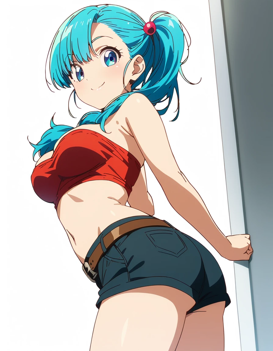 score_9, score_8_up, score_7_up, BREAK from below:1,,(standing),arms behing back,1girl,bulma, blue eyes, blue hair,bare shoulders, belt, cleavage, hair bobbles, hair ornament, hair over shoulder,medium breast,midriff, navel, one side up, red tube top, shorts,ass, side ponytail, (strapless, tube top,under_boob:1),ass,looking at viewer,facial expression,smile,masterpiece, best quality,  detailed body, highly detailed, anime coloring.anime,[anime_screencap:0.8] , highly detailed,