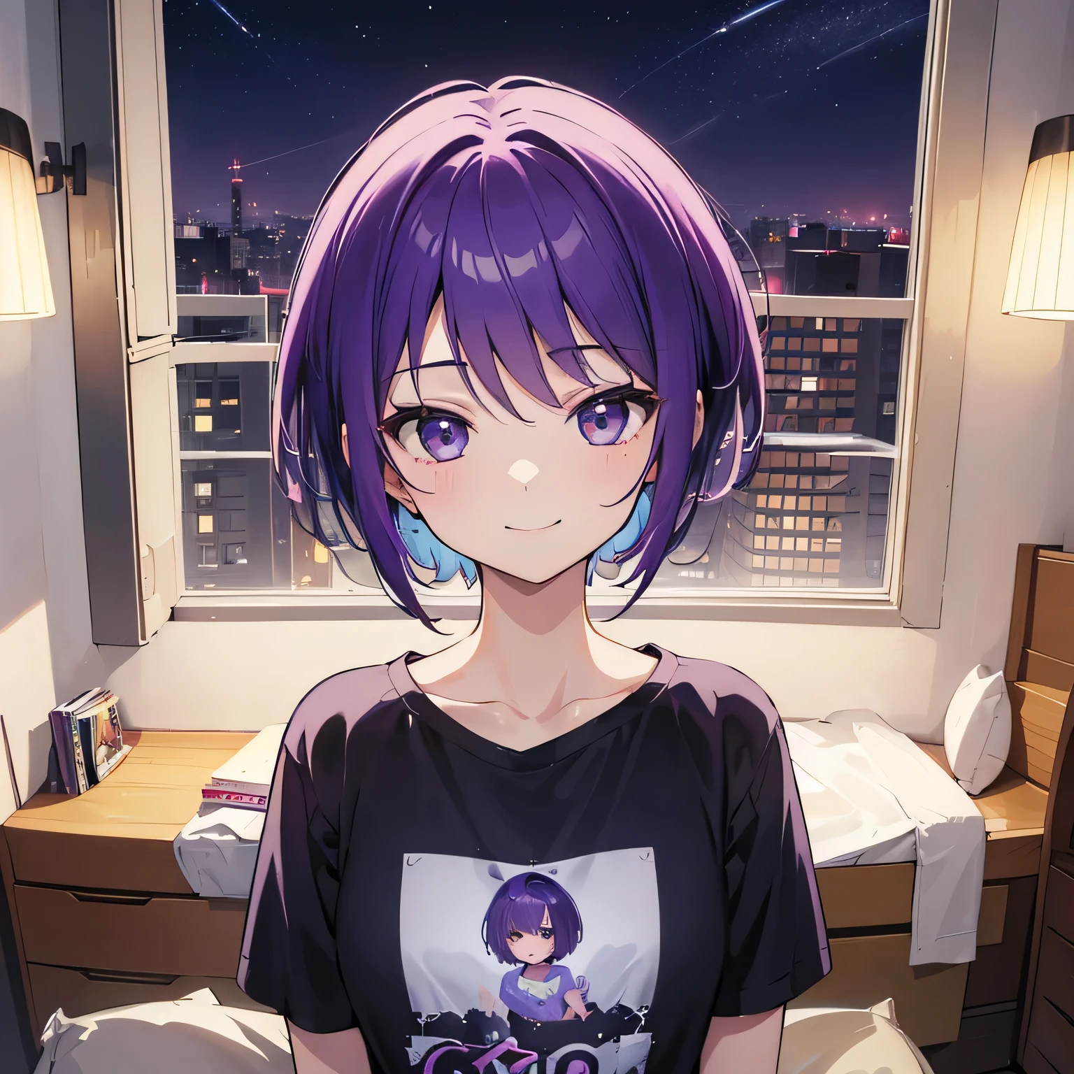 (T Masterpiece，4k wallpaper，Best Quality))、((girl１people))、(solo)、Bright and Brilliant，(Purple Hair)、(short hair:1.3)、smile、Bedroom、T-Shirts、night