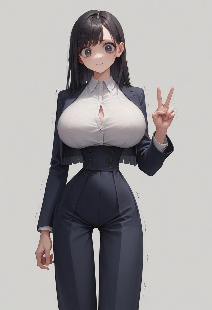 (masterpiece, best quality:1.2), Shader, front shot, 1girl, kawaii, (super big breasts, micro waist, very long legs:1.3), Black hair, midium bob hair, short height, scrawny and thin body, Light Skin, cute big eyes, cute beautiful thin face, miniskirt, blazer, pigeon-toed, wet and sweaty, big visible ribs, V sign, Trembling