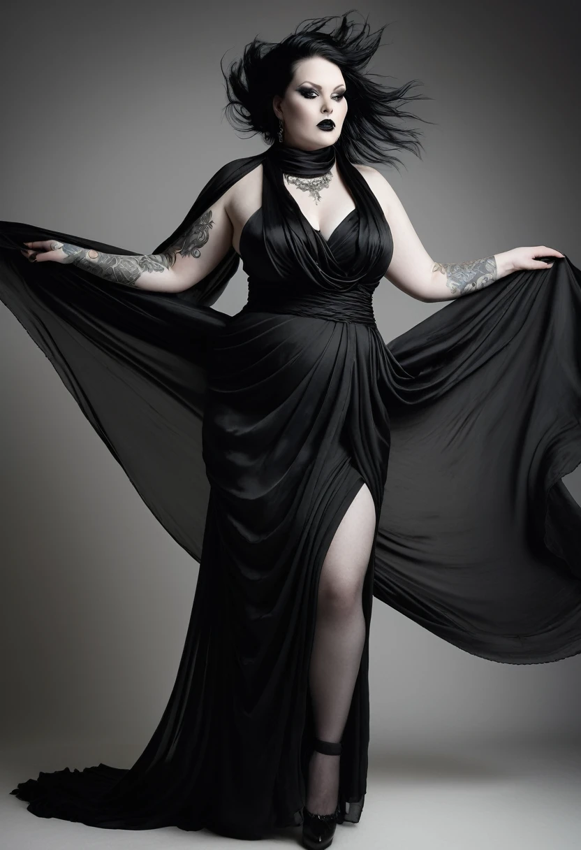 A stunning, high-realistic, studio photograph of a chubby scandinavian goth woman goth tatttos, pale skin, goth make-up dramaticly dancing, clothed only in intricately draped, flowing black silk scarves, evoking a sense of elegance and grace. Captured in a monochromatic color palette, the black and white tone amplifies the textures and shadows, adding depth to the fluid, energetic movement of the subject. Soft, diffused lighting accentuates the woman's sinuous curves, as her slender limbs seem to blur in motion, exuding a sense of freedom and melancholy.