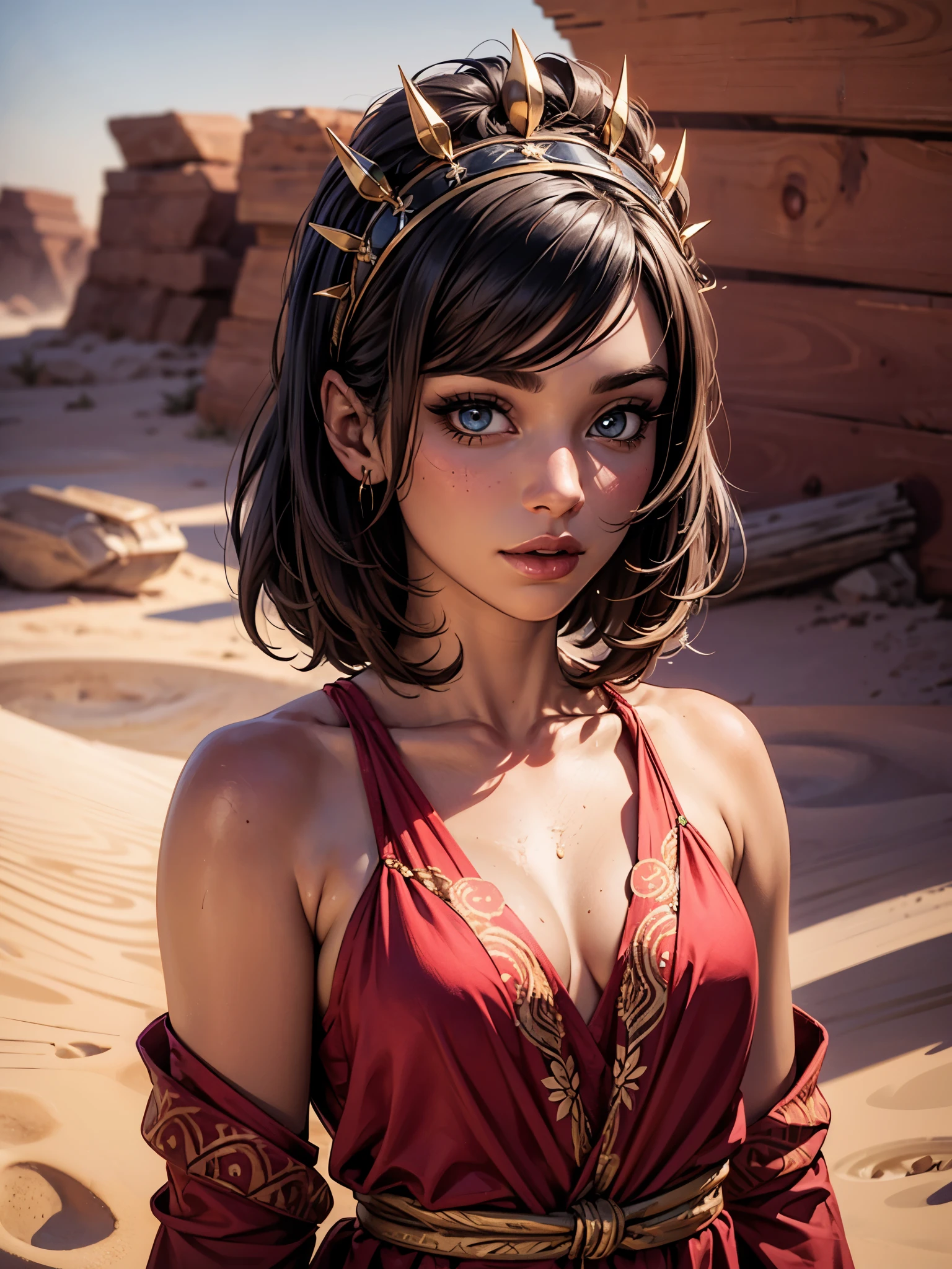 (masterpiece:1.2), (best quality:1.2), perfect eyes, perfect face, perfect lighting, photoshoot, 1girl, mature female wearing SSAHC, SSAHC, dark-skinned, colorful tribal dress, headdress, thick eyelashes, makeup, eyeshadow, medium hair, oasis, desert detailed outdoor backgrounds, sultry look, seductive
