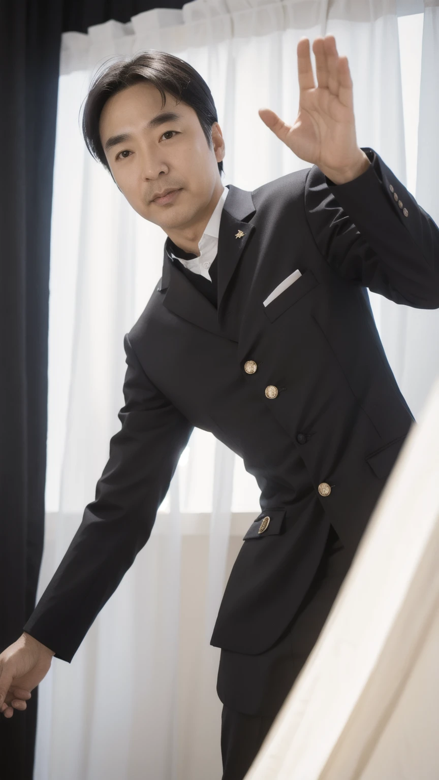 40-year-old male, Soft headlight,High-density imaging,(Thin face),((Black suit)),((Various dynamic poses)),((White curtains in the background)),best quality,masterpiece,(Soft colors:1.2)