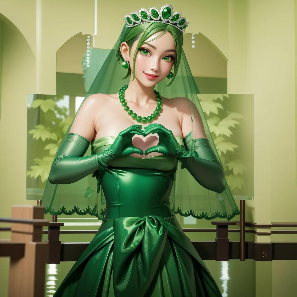Emerald tiara, Green Pearl Necklace, ボーイッシュな非常に短いGreen Hair, Green Lips, Smiling Japanese woman, Very short hair, Busty beautiful lady, Green Eyes, Green satin long gloves, Green Eyes, Emerald Earrings, Green veil, Heart with both hands, Heart shaped hands, Green Hair, Beautiful Japanese Woman, green lip gloss