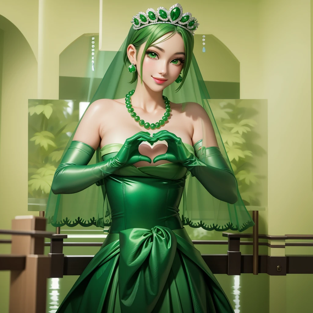 Emerald tiara, Green Pearl Necklace, ボーイッシュな非常に短いGreen Hair, Green Lips, Smiling Japanese woman, Very short hair, Busty beautiful lady, Green Eyes, Green satin long gloves, Green Eyes, Emerald Earrings, Green veil, Heart with both hands, Heart shaped hands, Green Hair, Beautiful Japanese Woman, green lip gloss