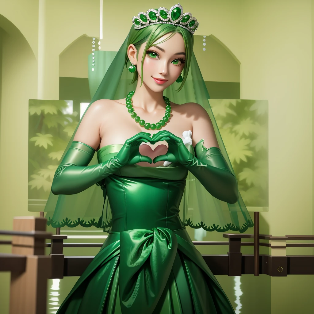 Emerald tiara, Green Pearl Necklace, ボーイッシュな非常に短いGreen Hair, Green Lips, Smiling Japanese woman, Very short hair, Busty beautiful lady, Green Eyes, Green satin long gloves, Green Eyes, Emerald Earrings, Green veil, Heart with both hands, Heart shaped hands, Green Hair, Beautiful Japanese Woman, green lip gloss