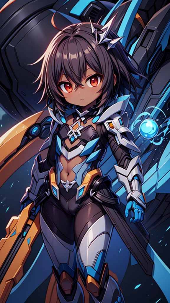 (((dark skin tone))),dark skin male, femboy, dark skin, cute shota,red eyes, ((blue mecha hairpin)), dark brown hair medium hair,wearing a black exoskeleton, blue gauntlet's, honkai impact herrscher of reason, full armour mecha_musame, orange gem on chest, fullbody close-up 