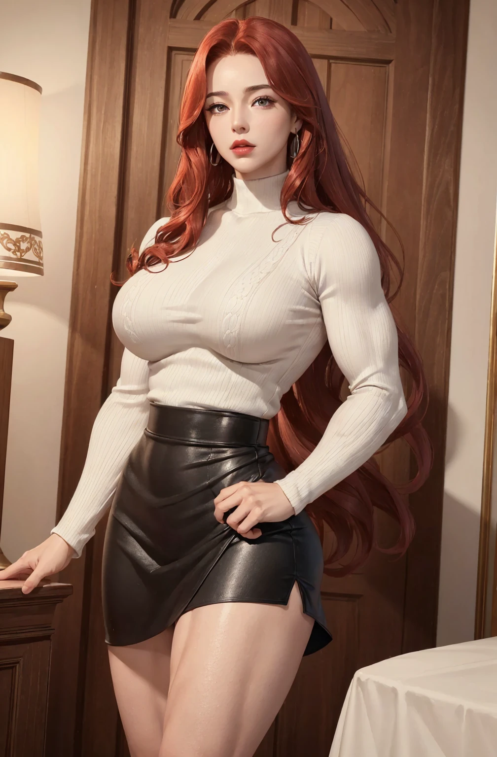 (muscular woman:1.5)，30 years old，(milf:1.2)，(Large Breasts:1.3)，Long legs，Big breasts and thin waist， Photo exposure Light， solitary，She has long curly red hair，Curly hair and red lips，stand up，Front view， OK，（（（masterpiece），（Highly detailed CG Unity 8k wallpaper），Best quality，Light，Detailed background，beautiful eyes，（very delicate and beautiful），（Beautiful and detailed description of the eyes），Ultra Detailed，masterpiece，）），face camera，high resolution，Ultra Detailed),（wear：White sweater, black skirt）
