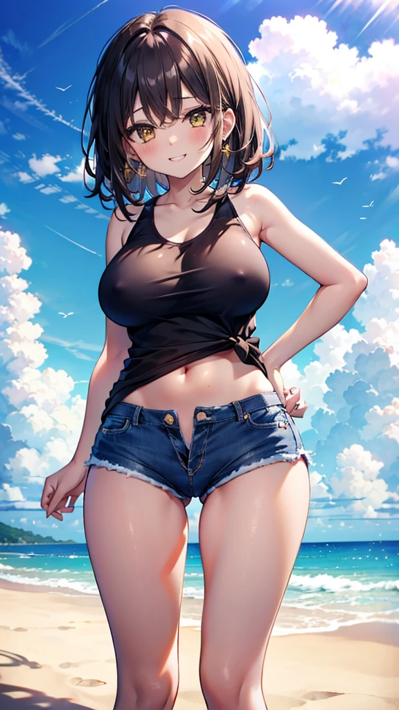 (8K、Highest quality、Highest quality、masterpiece)、Detailed face、One Girl、(Brown Skin:1.2)、Long Hair、Yellow Eyes、Grin、(Black tank top、Denim hot shorts、Mini Shorts、Spread pussy under shorts、frontal wedgie、wedgie、Spread vagina under shorts)、labia view、Beach、cloud、vagina、Spread Vagina、spread pussy、Big Breasts、