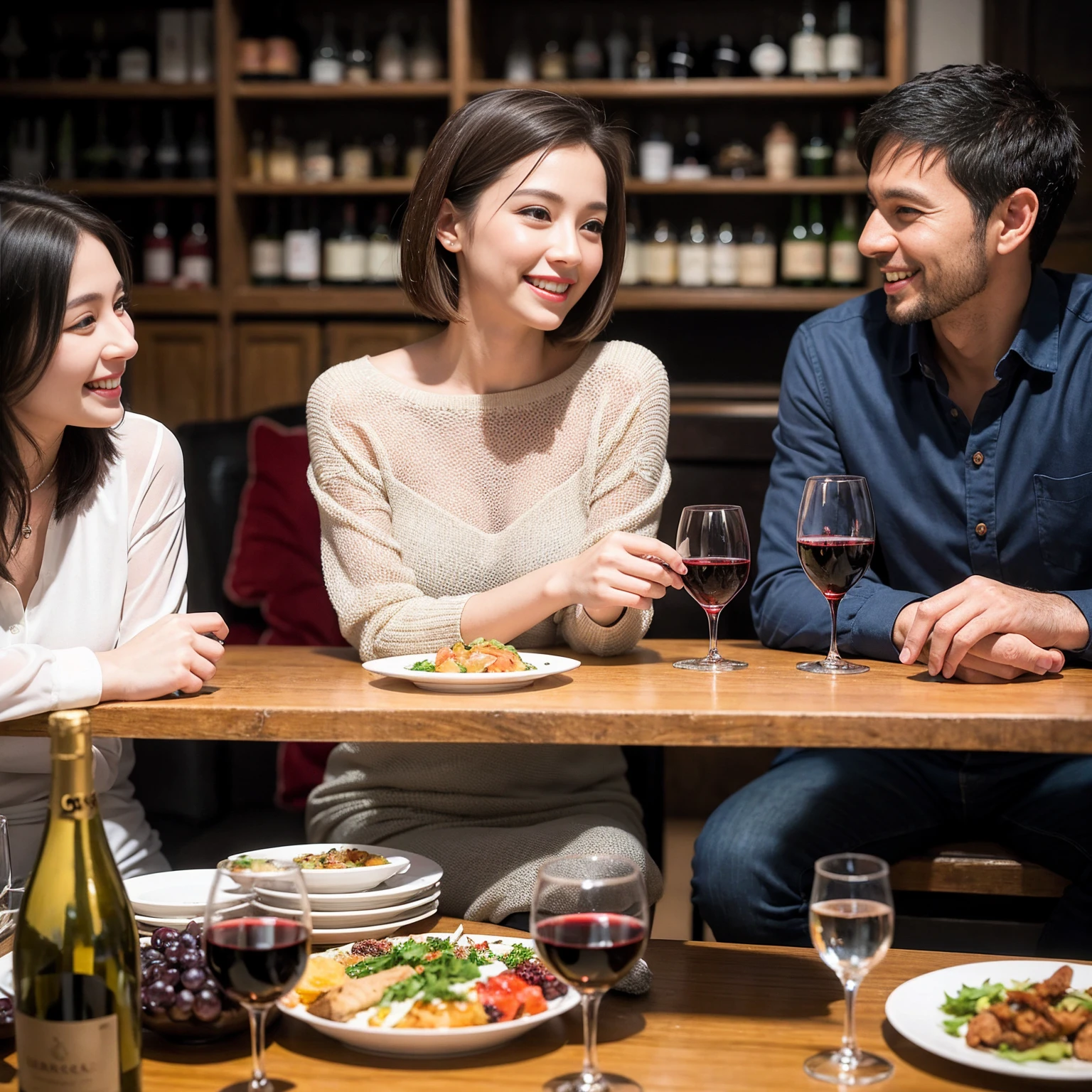 ((Highest quality、8K、masterpiece:1.3))、 (Ultra-realistic、 Genuine、Bright image、Intricate details:1.2), 最高のsmile、1 male 1 female、Slim Beauty、Beautiful couple、love love love、Lovers in Paris、Good friends、actress couple、smile、Full-course dinner at a packed table、 (Slim face), (the body is slim), (Brown Hair), (short hair), テーブルのwine glass、Please shine a light on my face、 Amazing view of the sunset sky and clouds、35 years old 39 years old, red wine 、Appetizers、Wine bottle、sparkling wine、Long sleeve shirt、dress、White wine, red wine, wine glass,