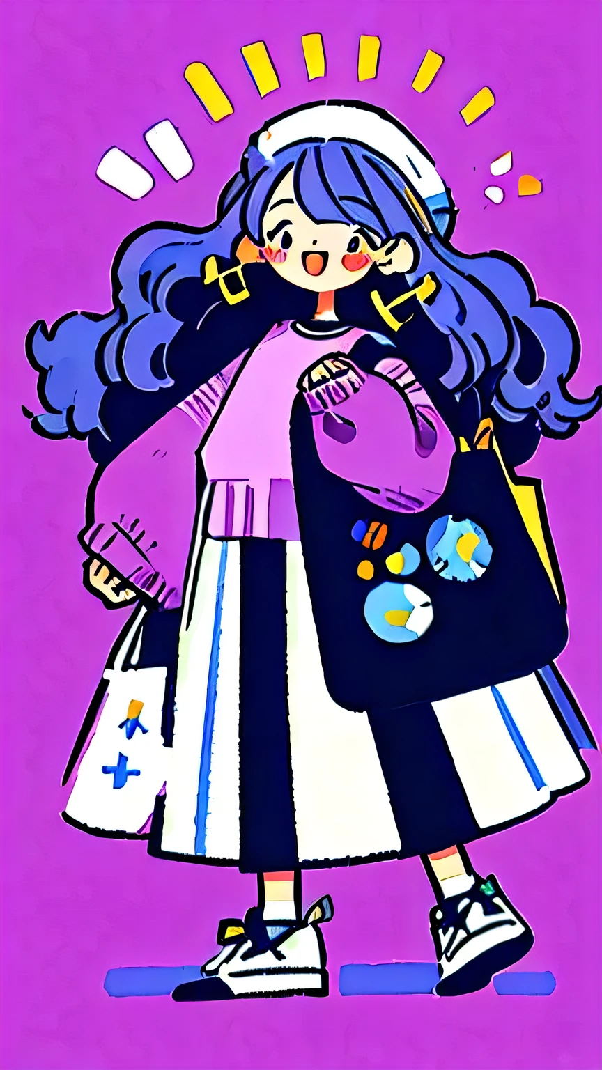 girl, wearing purple blouse, blakc skirt, beret, long, blue hair, curly hair, big earrings, smiling and happy. Hands spread out, head tilted slightly upwards, very happy, lots of shopping bags hanging from her hands, simple background, colorful,Full body, side view