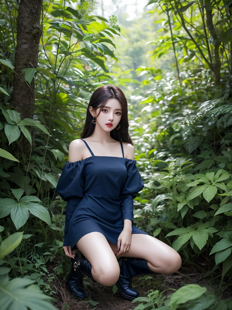 Beautiful woman wearing a hitam and dark blue Wearing swag style clothes mini dress with decorations on the shirt and visible shoulders and wearing boots and being photographed with a background And you are in the middle of a very wild forest and lots of beautiful plants,Korean style swag, beautiful face so gorgeous, Beautiful eyes, y2k style,